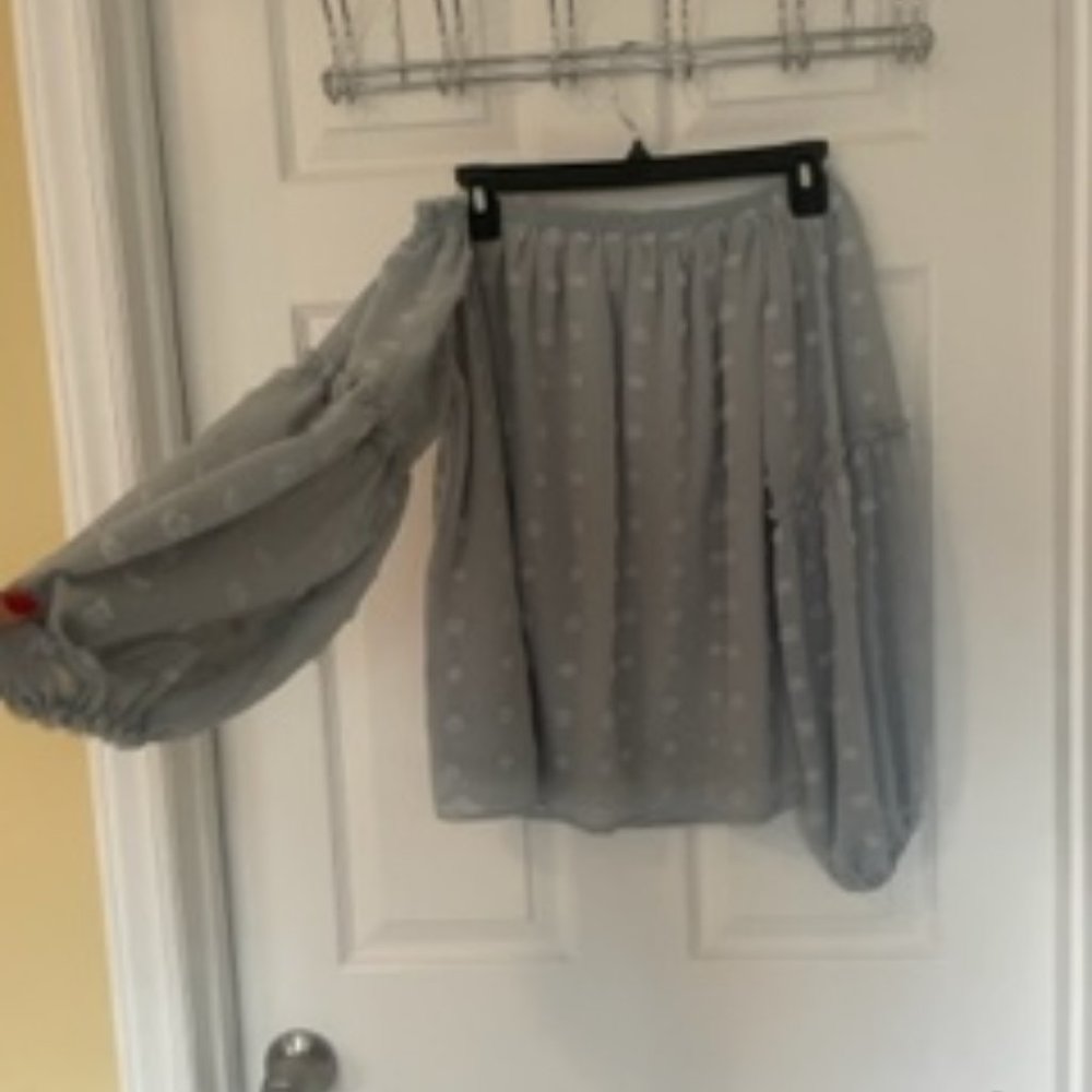 Light blue off the should blouse.